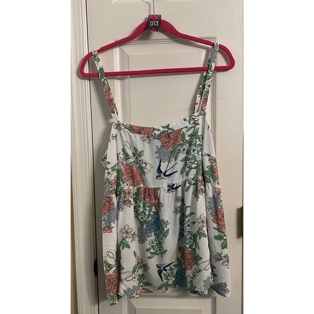 Torrid Womens Tattoo Bird Floral Babydoll Cami Tank Top White Size 1X